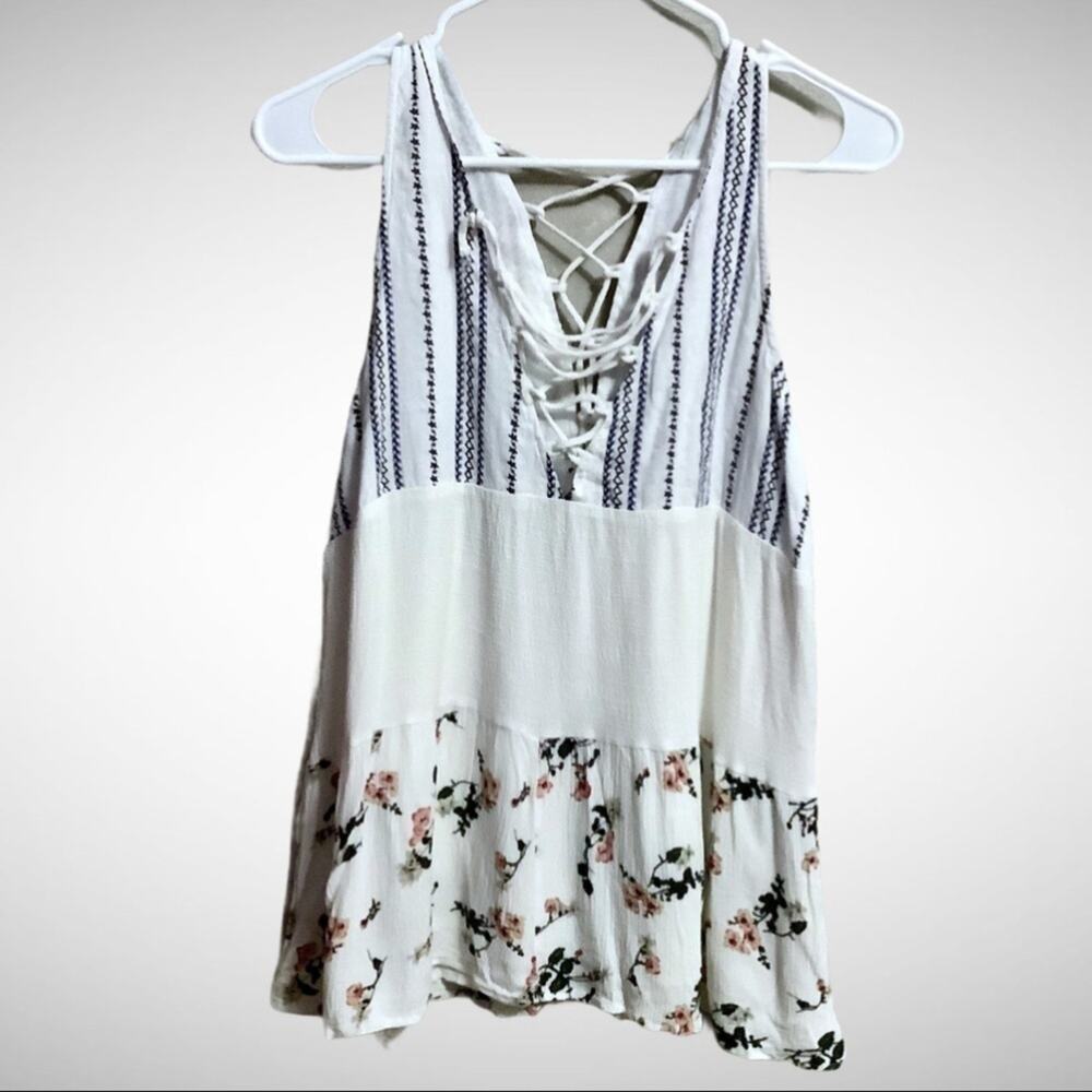 HUMMINGBIRD White Black Floral Boho Tie Blouse Size Small